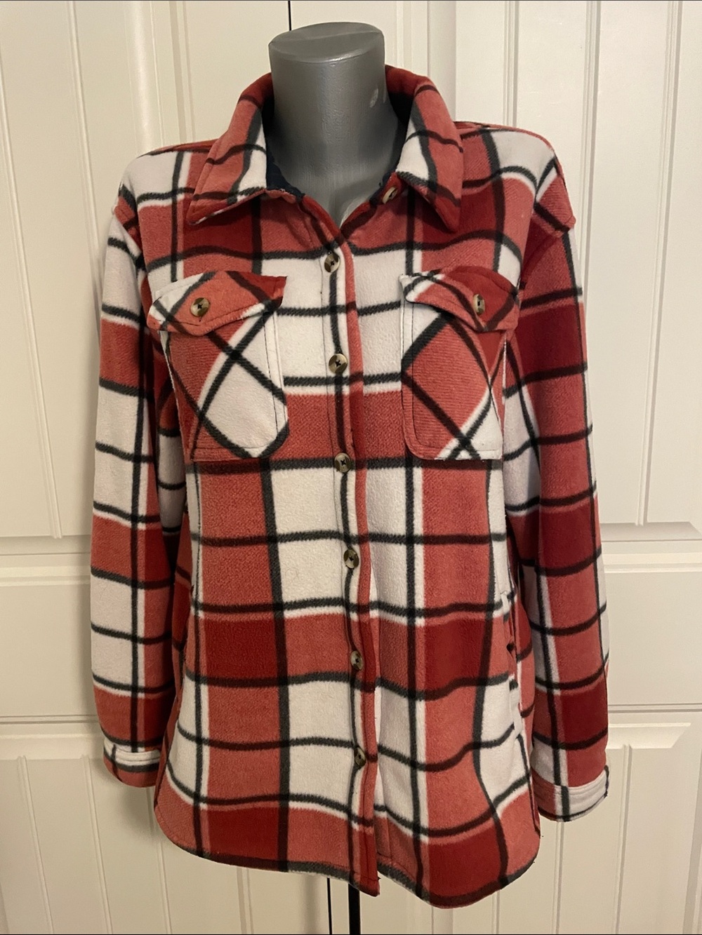 Plaid Button-Front Utility Shacket in Red